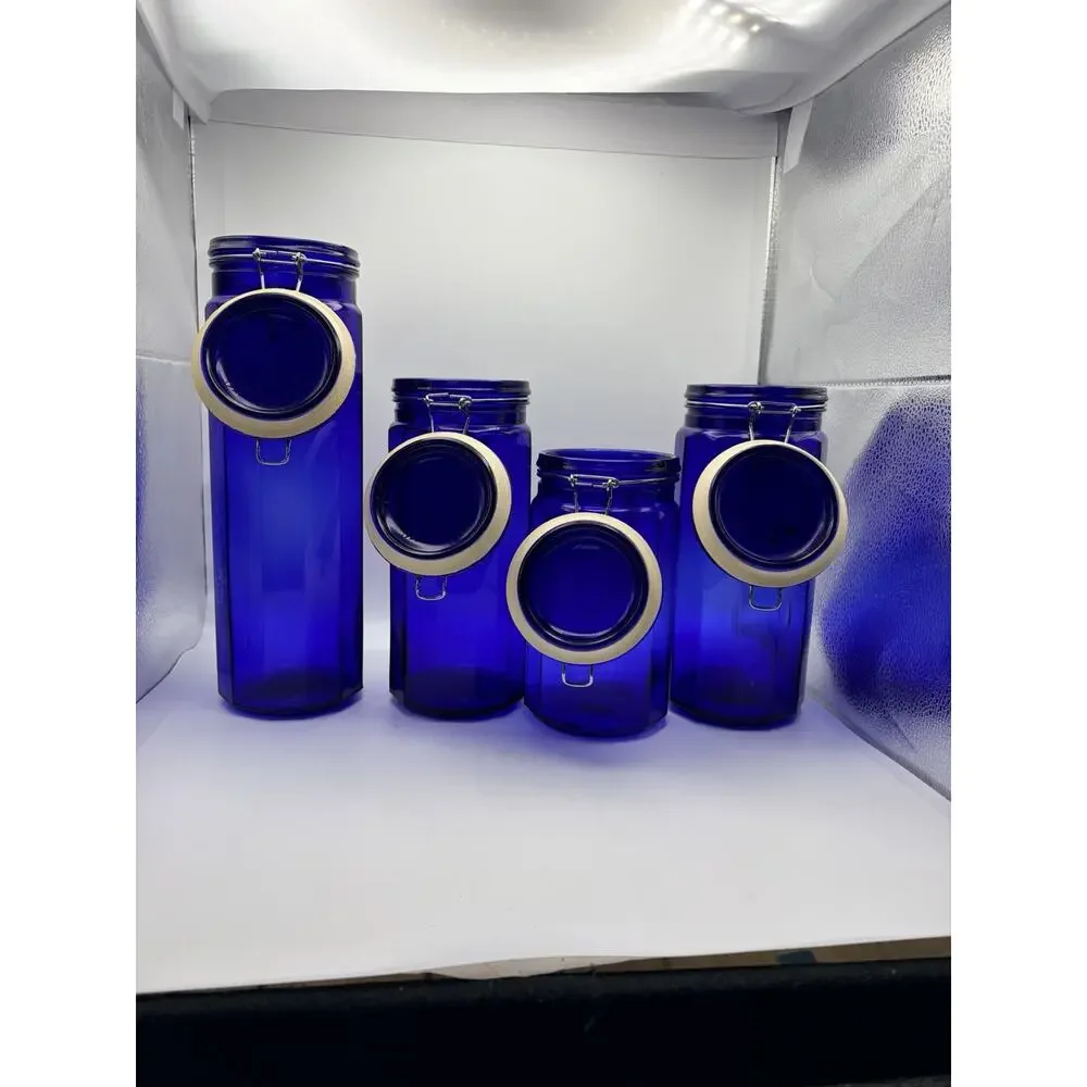 Vintage (4) SET FOUR Canister Jars Cobalt Blue Glass 12-Panel w/ Wire Bale Lid